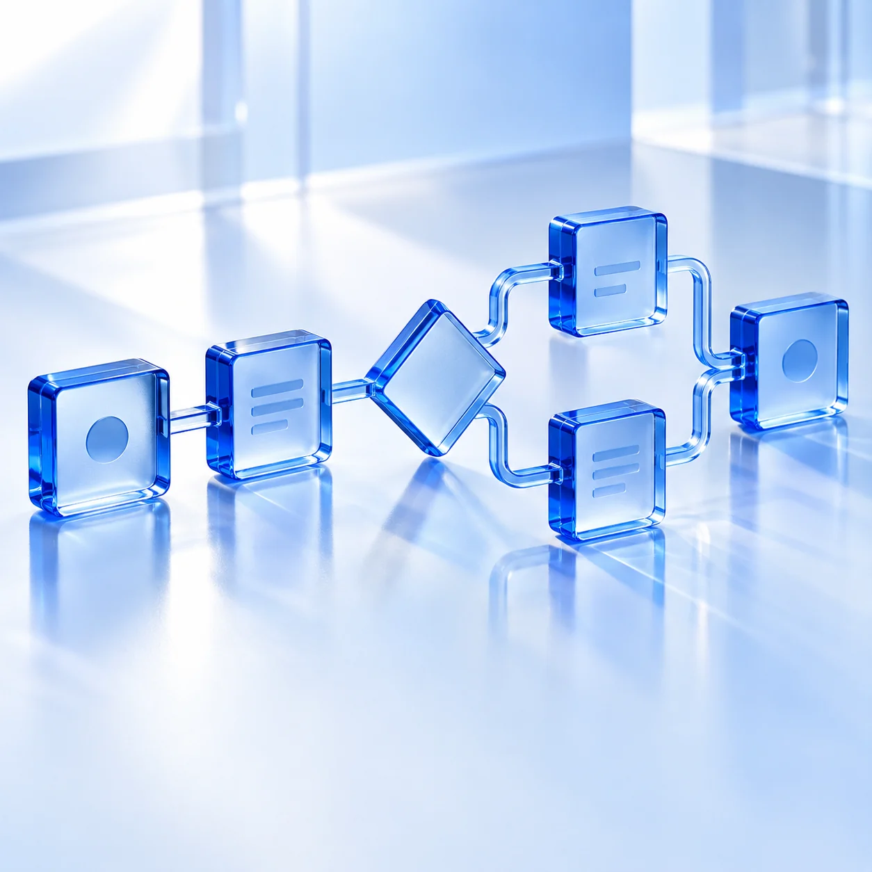 Connected blue workflow blocks branching and rejoining into an automation path